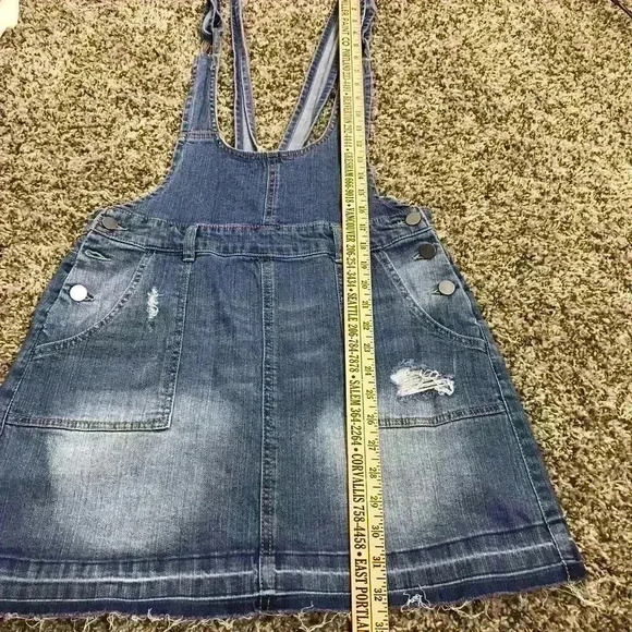 Hot Topic Women's Denim Overall Skirt Size Medium Raw Hemline Distressed - Picture 9 of 9